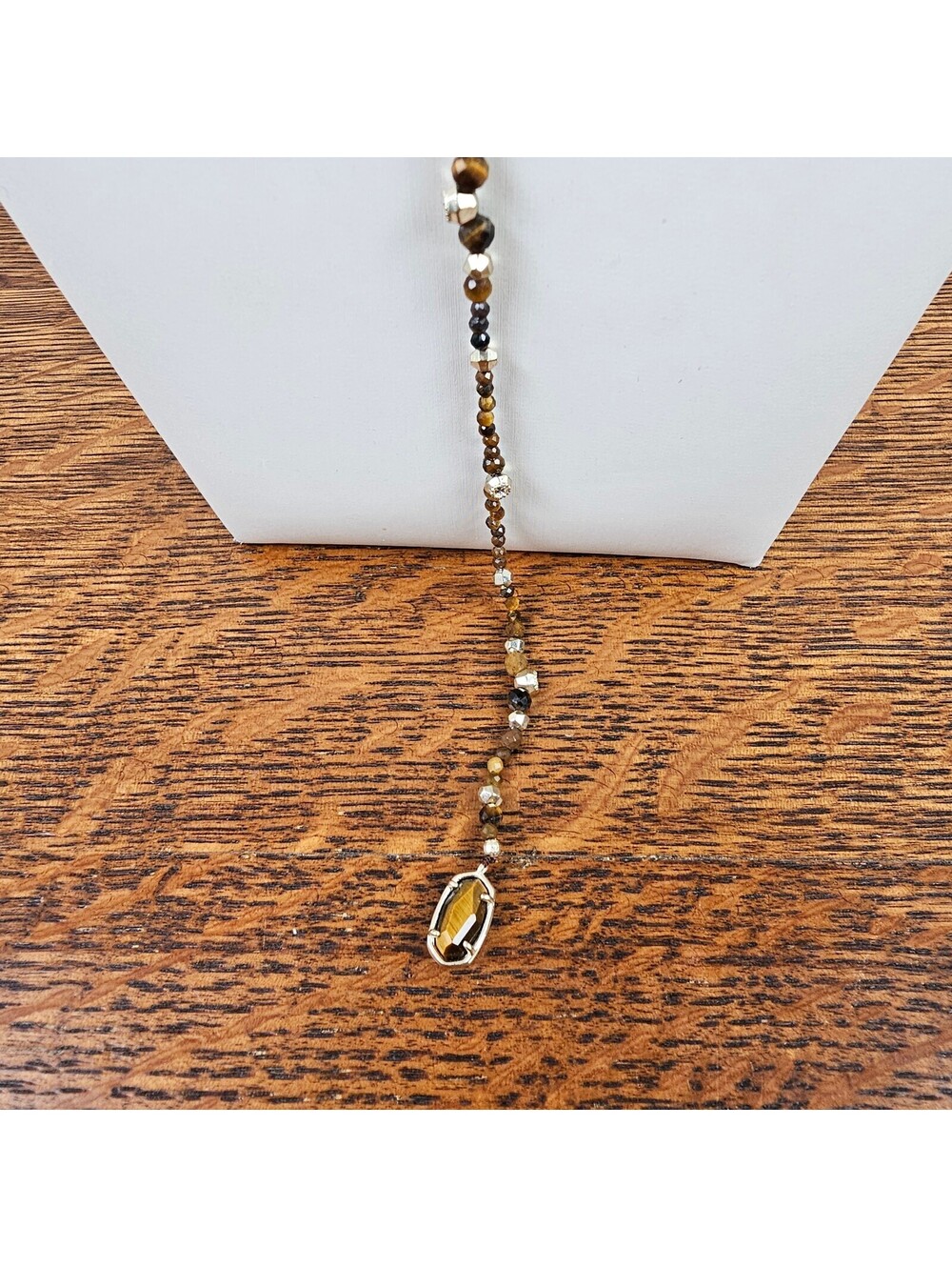 Kendra Scott Tiger Eye Beaded Y Necklace Gold Tone Station Pendant 20 Inch - Picture 3 of 9